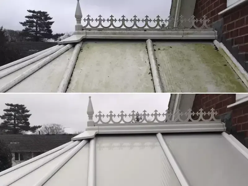 Before and after transformation by Neptune’s conservatory roof cleaners, removing heavy dirt and algae to restore a bright white finish.