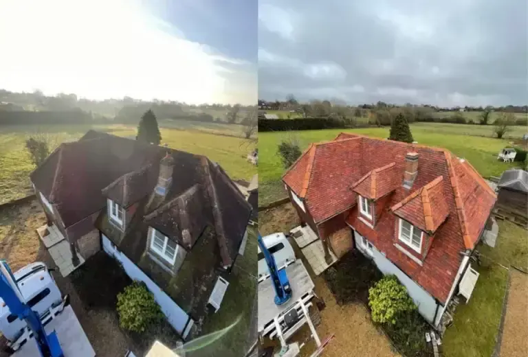 Before and after property transformation highlighting roof and exterior improvements by Neptune’s window cleaning services in Southampton.